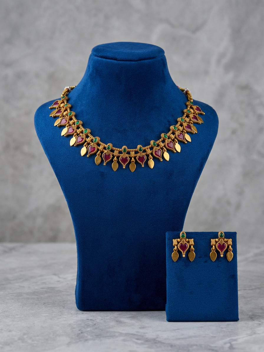 Antique Gold Mango Motif Gemstone Choker & Earrings Set