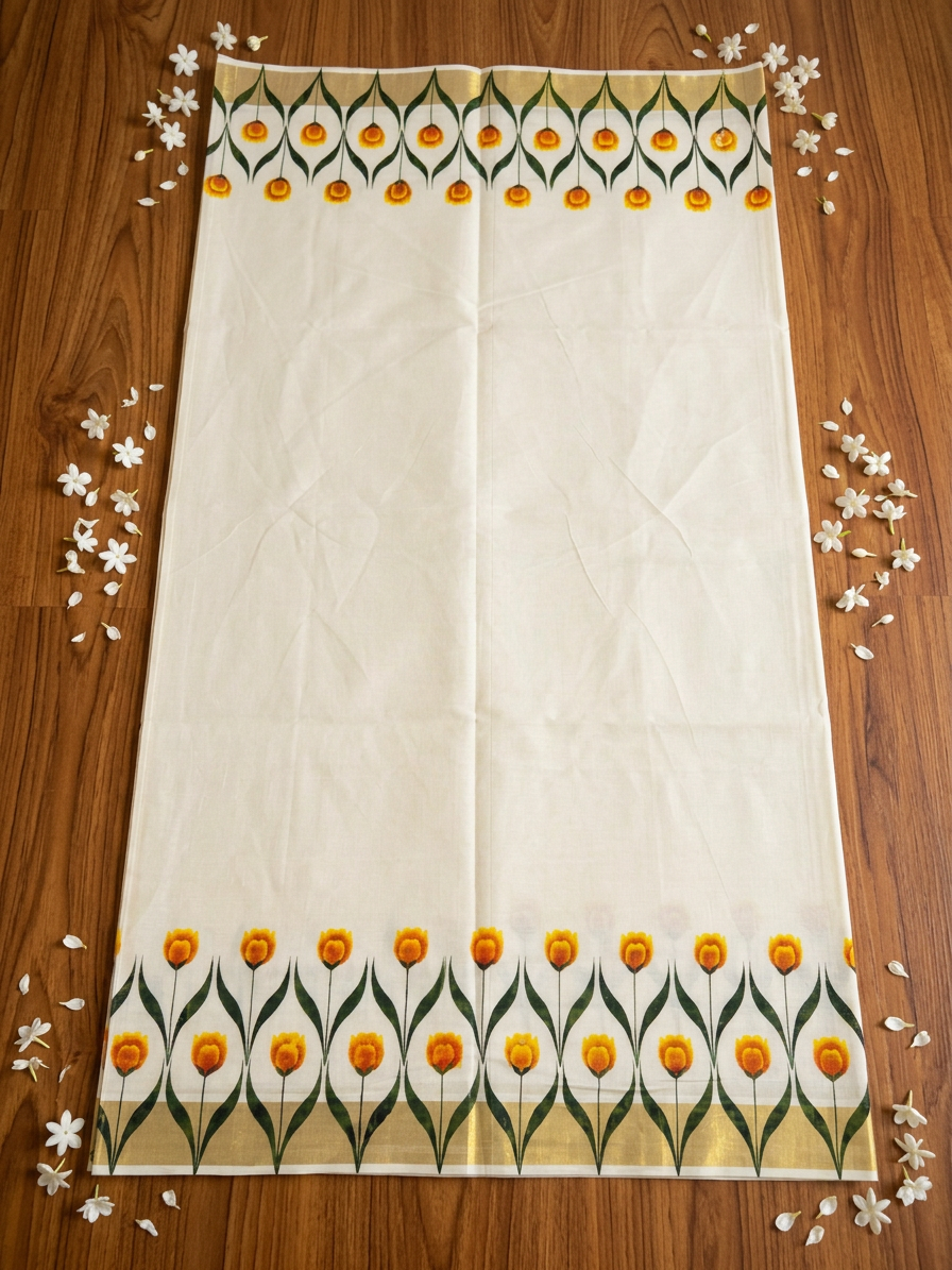 Sunlit Tulip Lattice Kerala Kasavu Saree