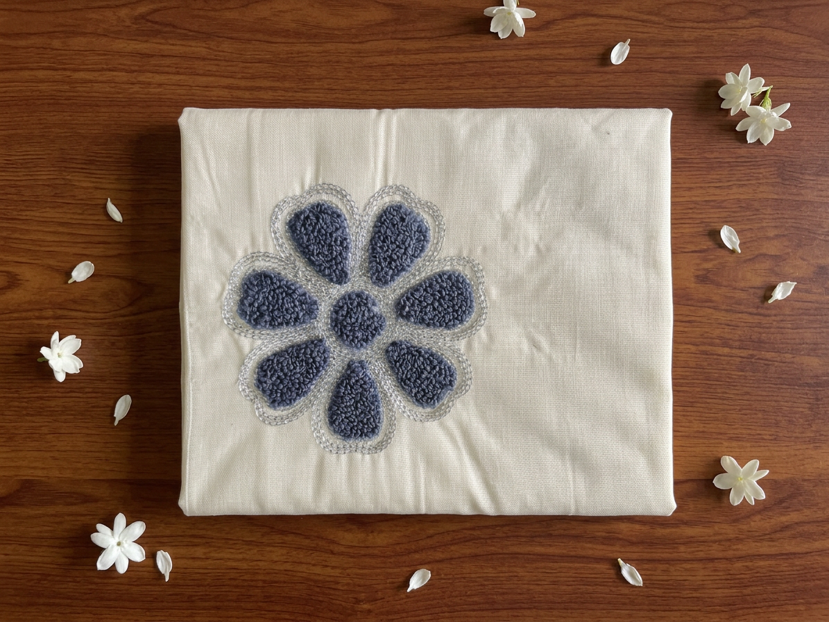 Slate Blue Floral Textured Silver Kasavu Saree