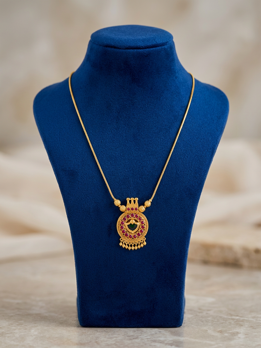 Traditional Kerala Gold Green Palakka & Ruby Round Pendant Necklace