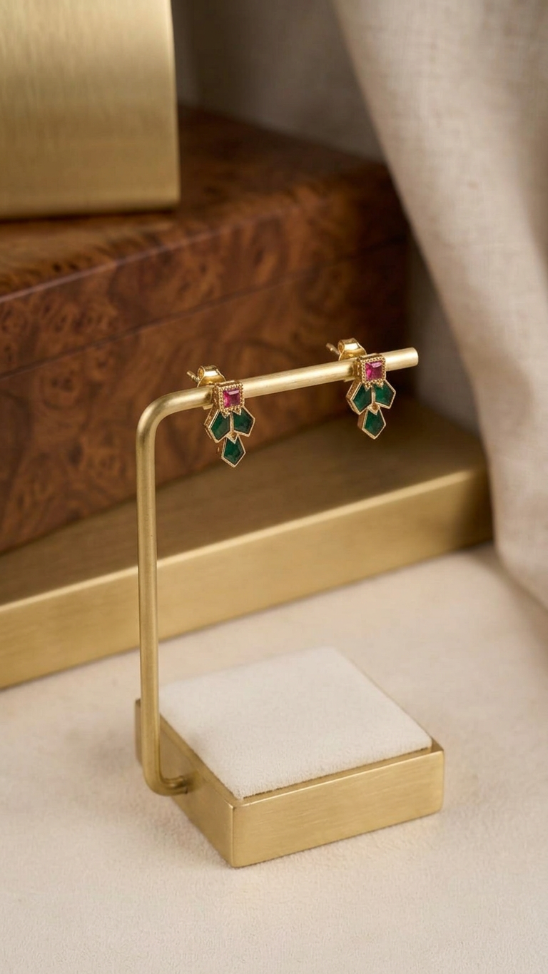 Contemporary Matte Gold Geometric Ruby & Emerald Choker Set