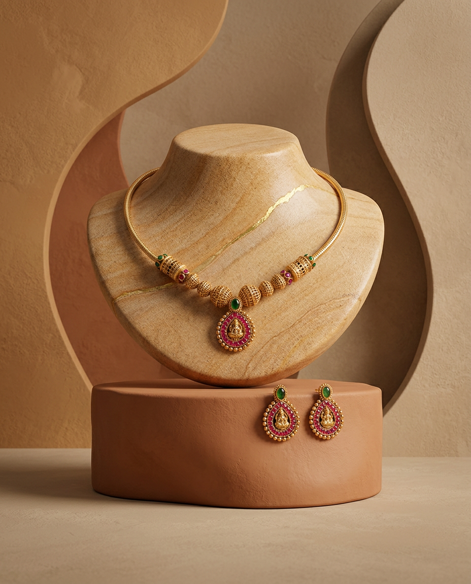 Antique Gold Lakshmi Teardrop Temple Necklace Set