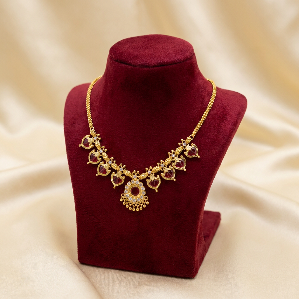 Traditional Gold Plated Kemp Ruby Attigai Necklace