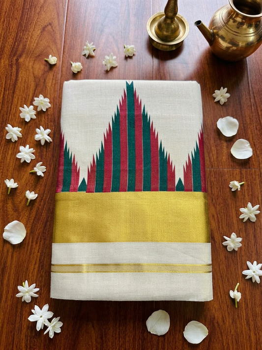 Off-White Tissue Saree with Resplendent Gold Zari Border and Striking Maroon and Green Geometric Temple Motifs