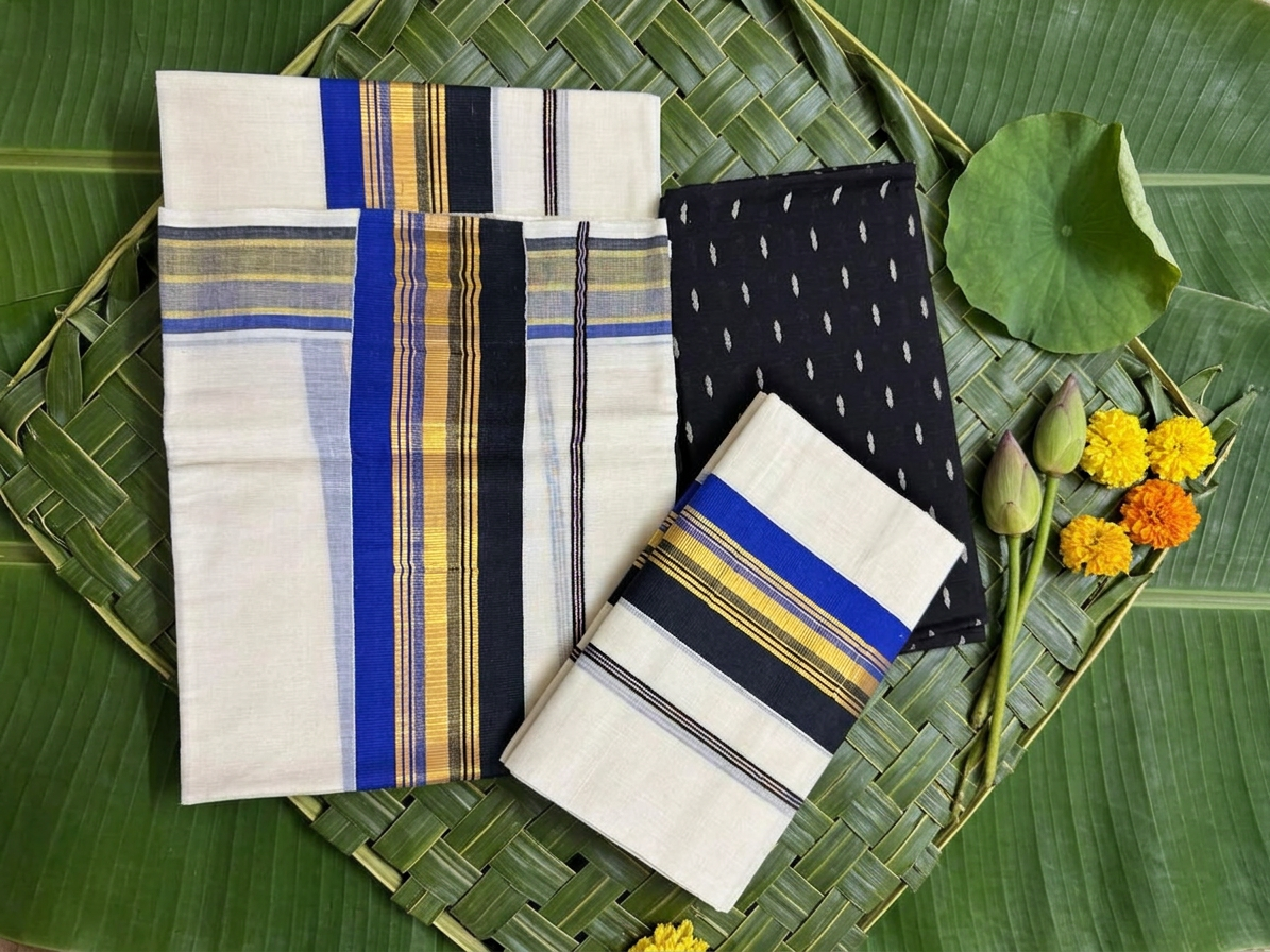 Pure Cotton Kerala Set Mundu Featuring a Striking Royal Blue, Black, and Gold Kasavu Border Complete with a Designer Woven Black Blouse Piece