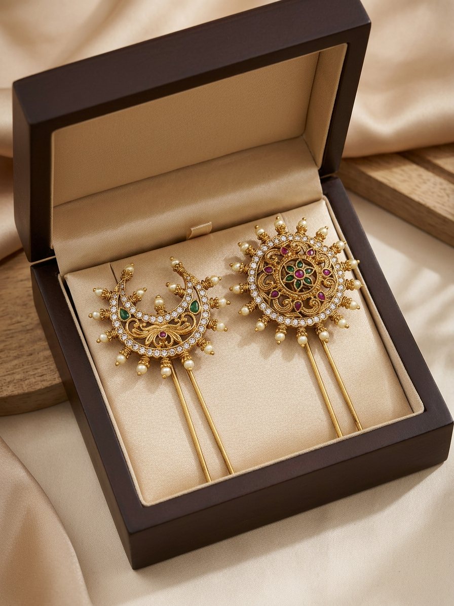 Antique Gold Filigree Surya Chandra Pirai with Pearl Drops
