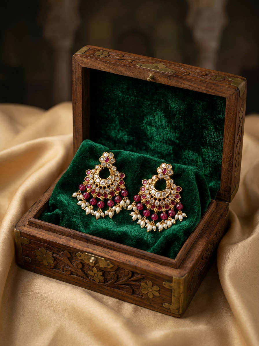 Jadayu Kundan Gold Ruby & Emerald Crescent Chandbali Drop Earrings