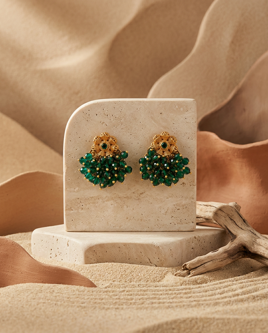 Antique Gold Floral Stud Earrings with Bead Cluster Fringe