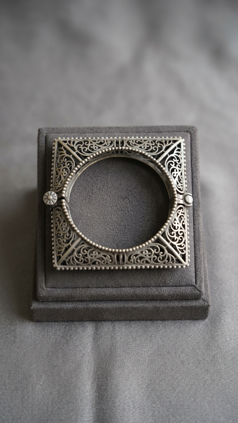 Vintage Oxidized Silver Square Filigree Kada