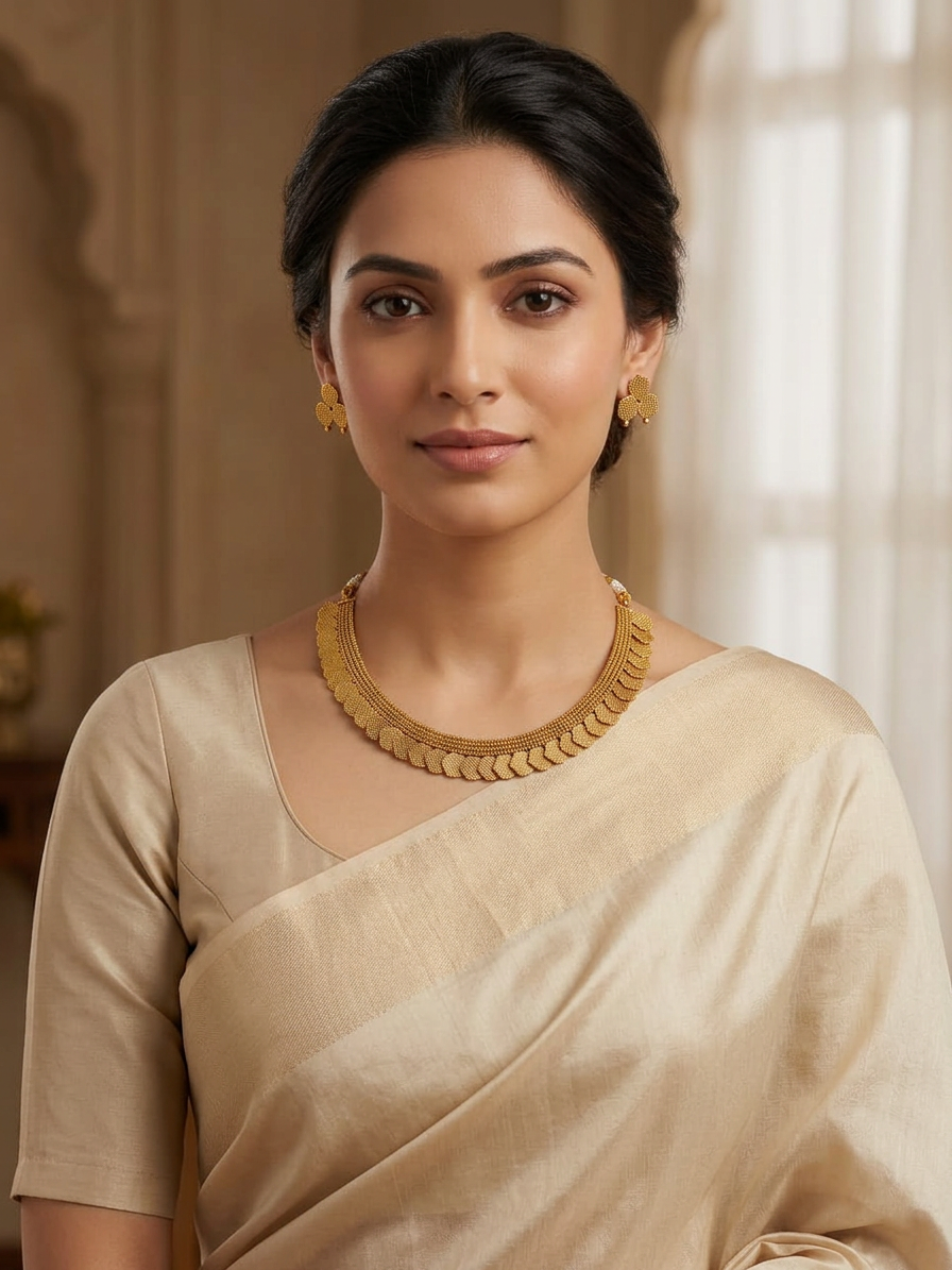 Traditional Matte Gold Petal Fringe Choker Set