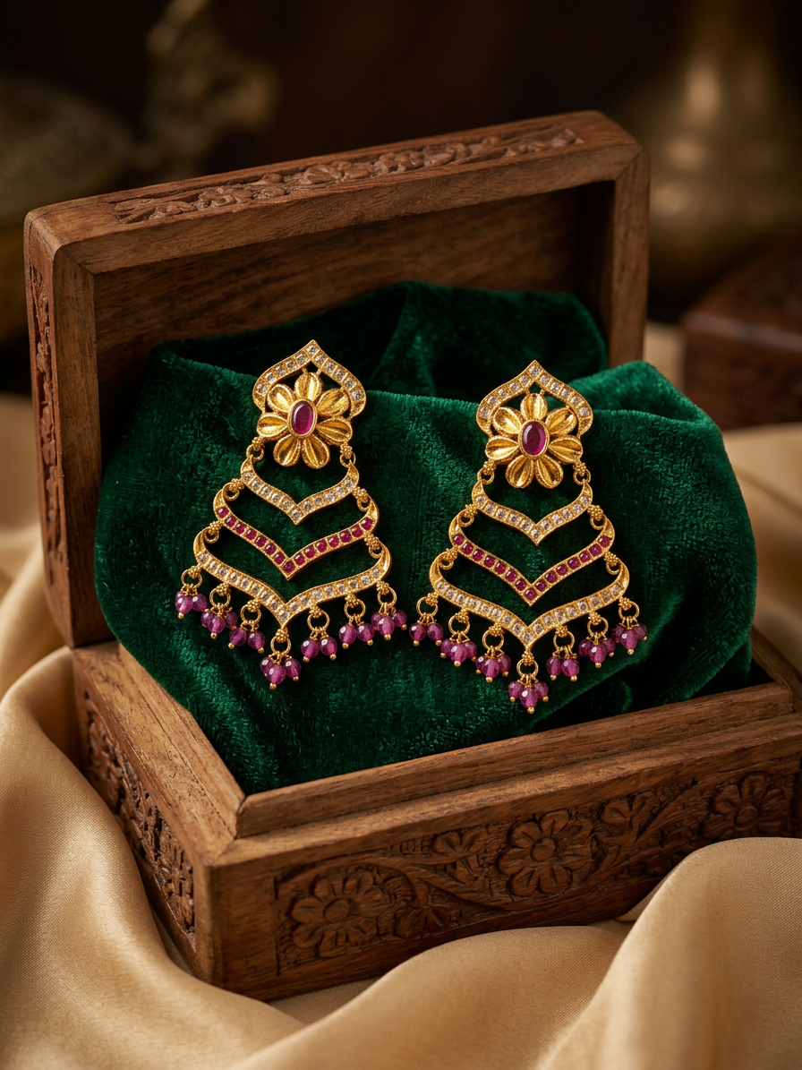 Gold Floral Chevron Chandelier Drop Earrings