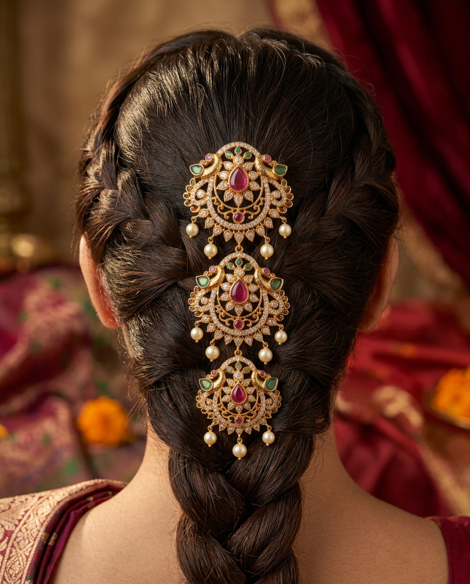 Gold Teardrop Ruby & Peacock Three-Tiered Jada Billa