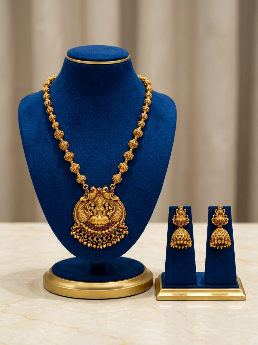 Antique Gold Peacock Lakshmi Pendant Haram & Jhumka Set