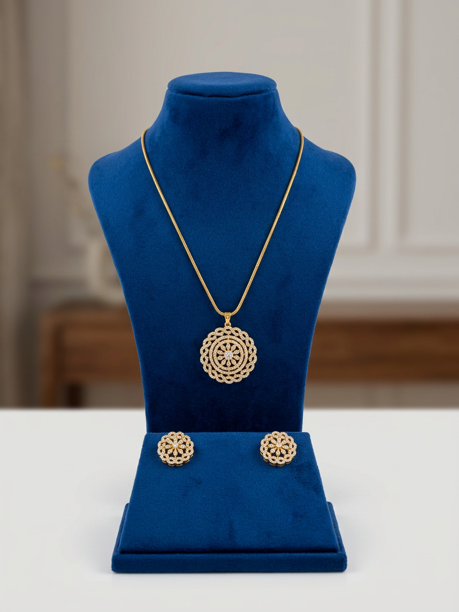 Elegant Gold & CZ Floral Mandala Pendant Set