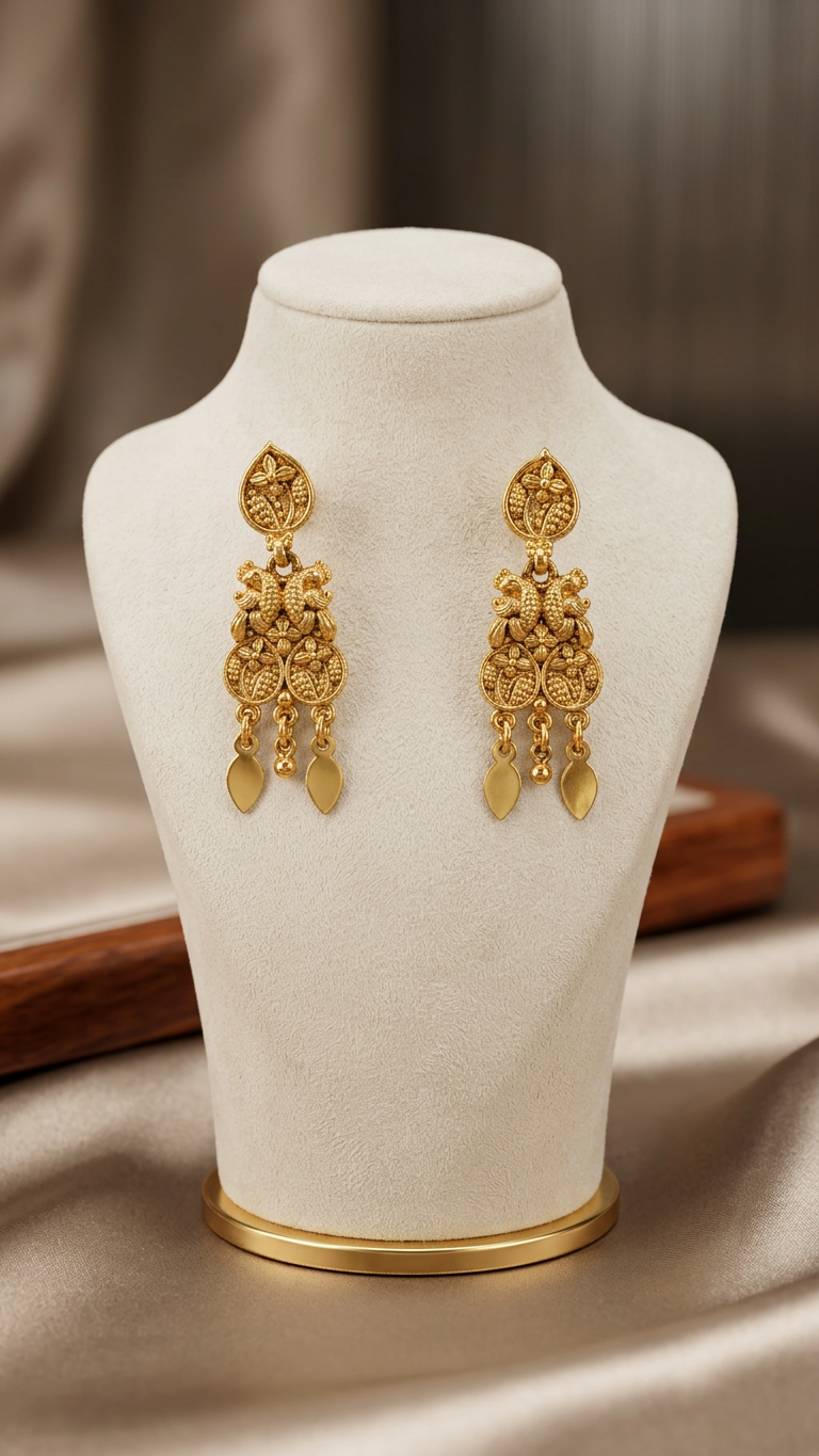 Traditional Matte Gold Floral Peacock Leaf Drop Necklace Set