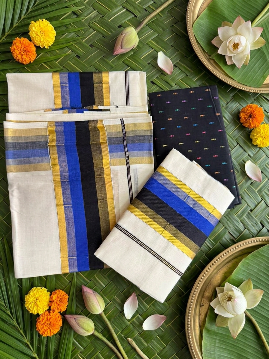 2.80 Meters Pure Cotton Kerala Set Mundu Featuring an Elegant Royal Blue