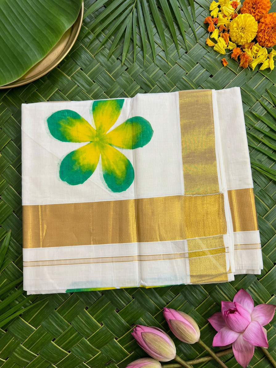 Harita Green & Yellow Floral Painted Kasavu Cotton Saree