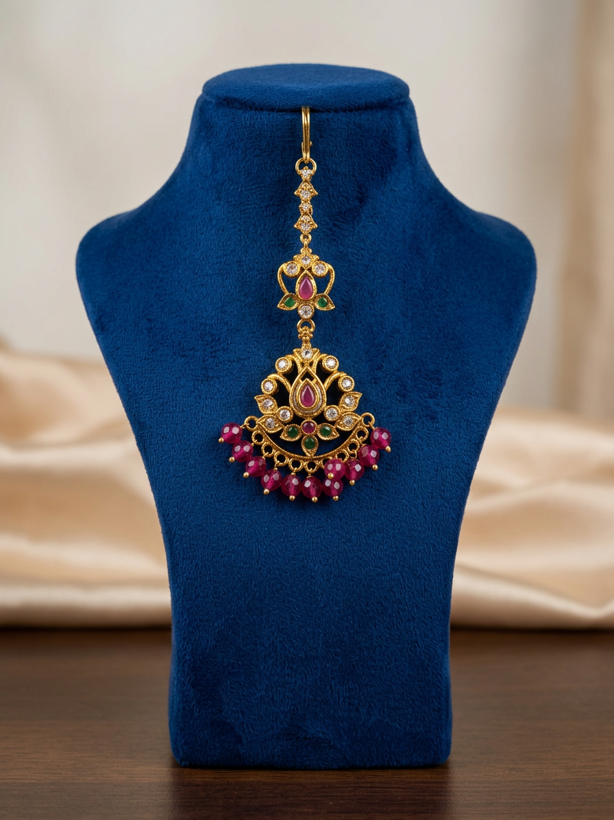 Gold Teardrop CZ Maang Tikka with Faceted Bead Drops