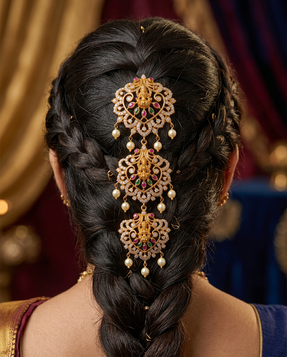 Gold Goddess Lakshmi CZ & Pearl Three-Tiered Jada Billa