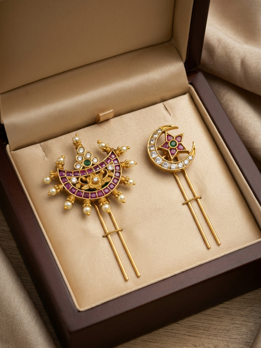 Gold CZ & Ruby Star Crescent Hair Accessories (Surya Chandra Pirai)