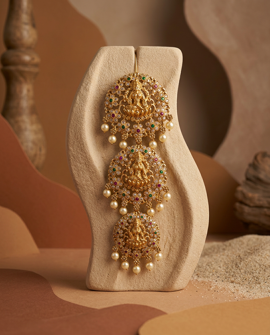 Antique Gold Goddess Lakshmi Three-Tiered Jada Billa