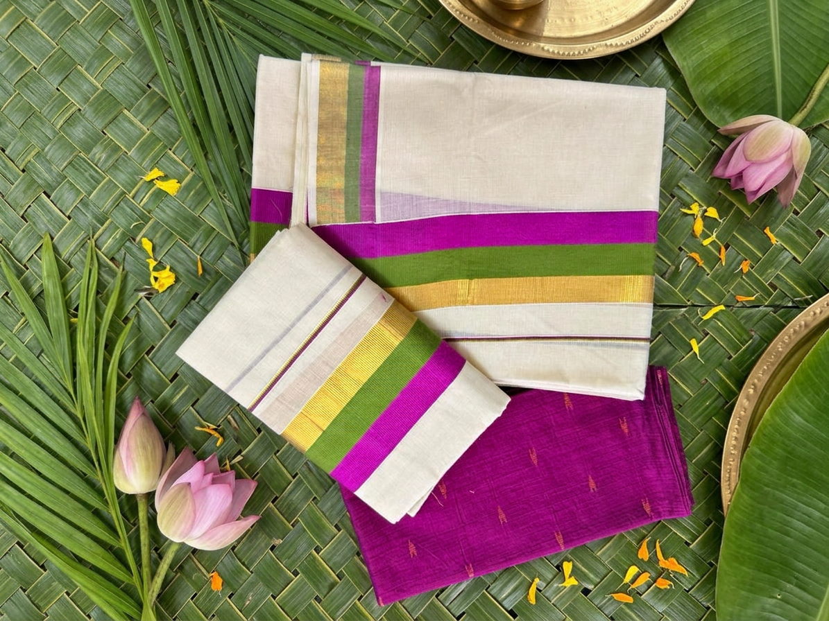 raditional Pure Cotton Kerala Set Mundu with a Matching Designer Blouse Piece