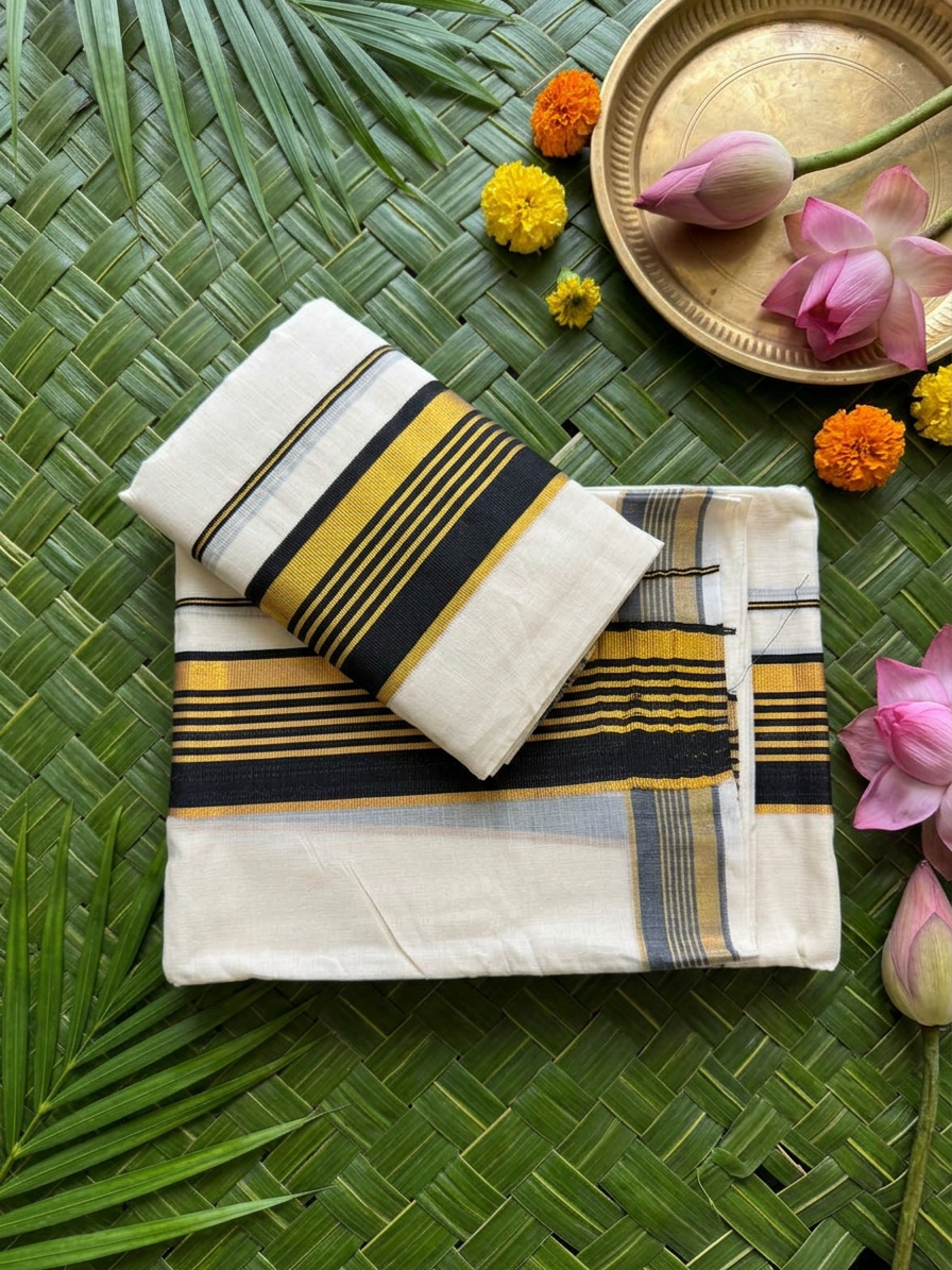 Kerala Cotton Set Mundu with Black & Gold Kasavu Border (Extra Length)