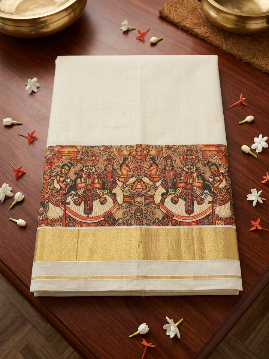 Heritage Kerala Digital Mural Art Kasavu Saree