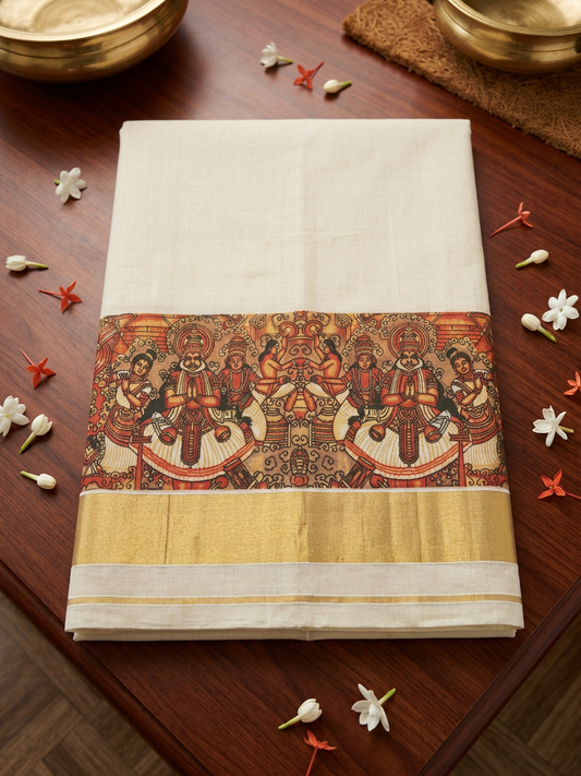 Heritage Kerala Digital Mural Art Kasavu Saree
