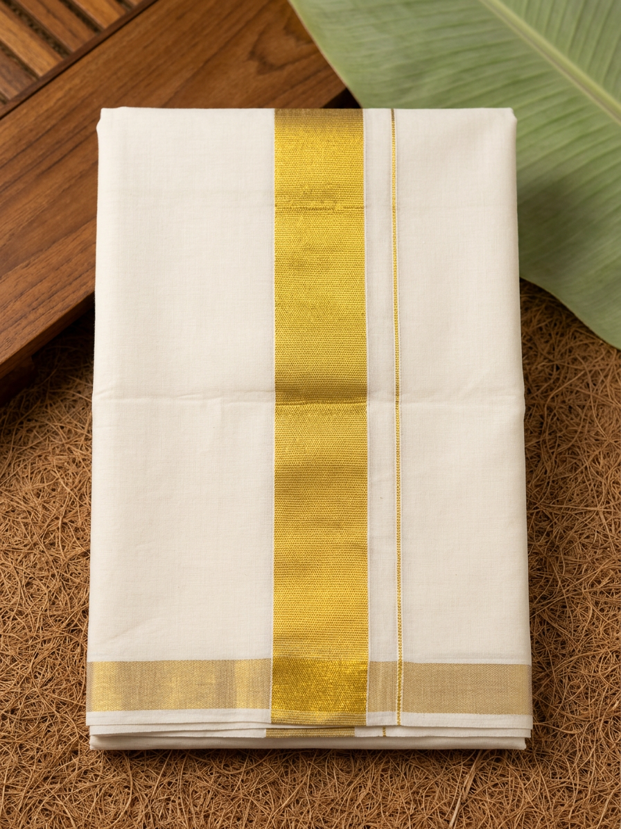 Majestic Heritage:  White Cotton Kasavu Mundu with Solid Gold Border