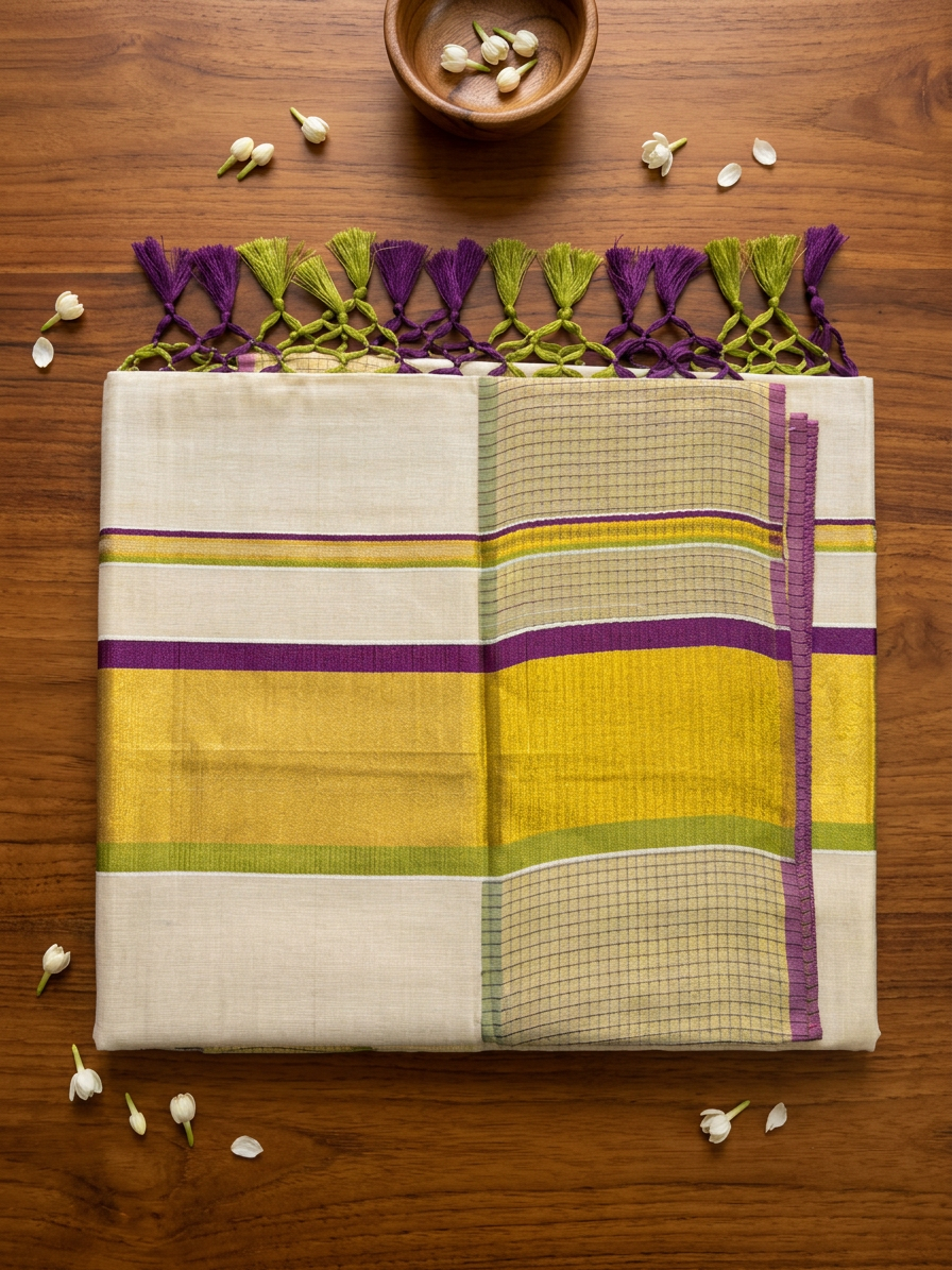 Regal Purple & Olive Checked Kasavu Saree with tassels