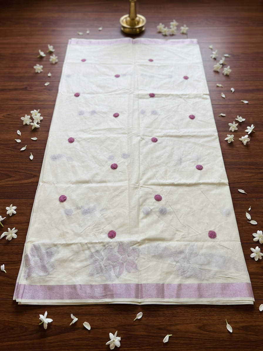 Mauve Blossom Textured Embroidery Kerala Saree