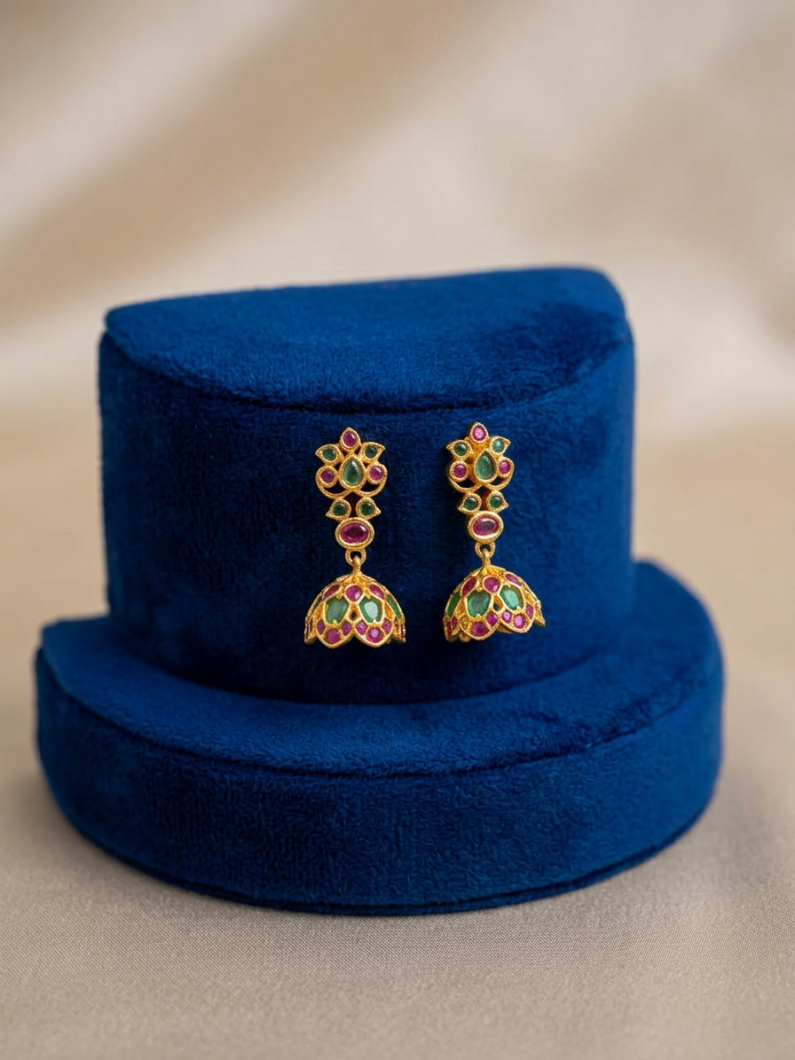 Traditional Kerala Floral Palakka Style Jhumka Earrings (Available in Ruby Red & Emerald Mix)