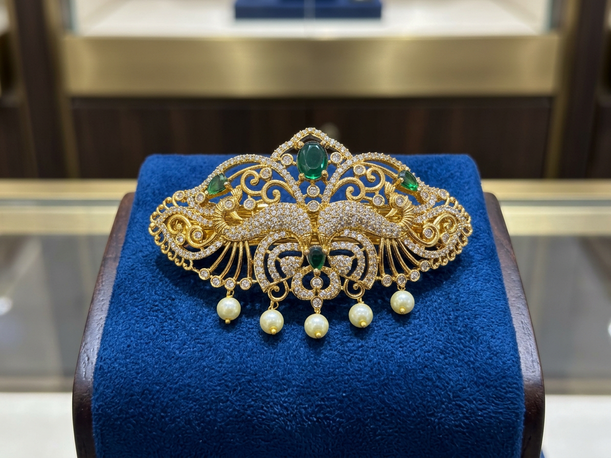 Ornate Peacock CZ & Gemstone Bridal Hair Clip (Jada Billa)