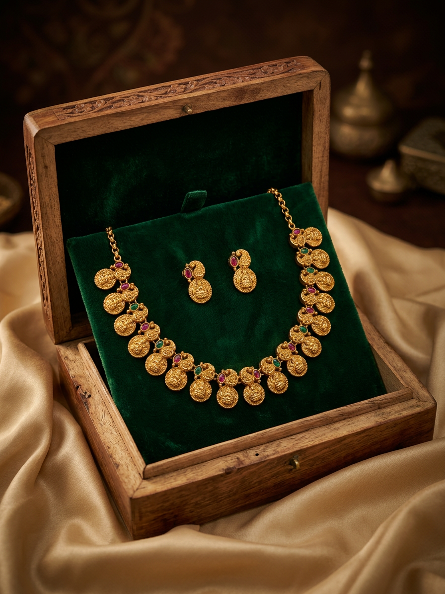 Traditional Gold Lakshmi Coin & Gemstone Kasu Mala Set