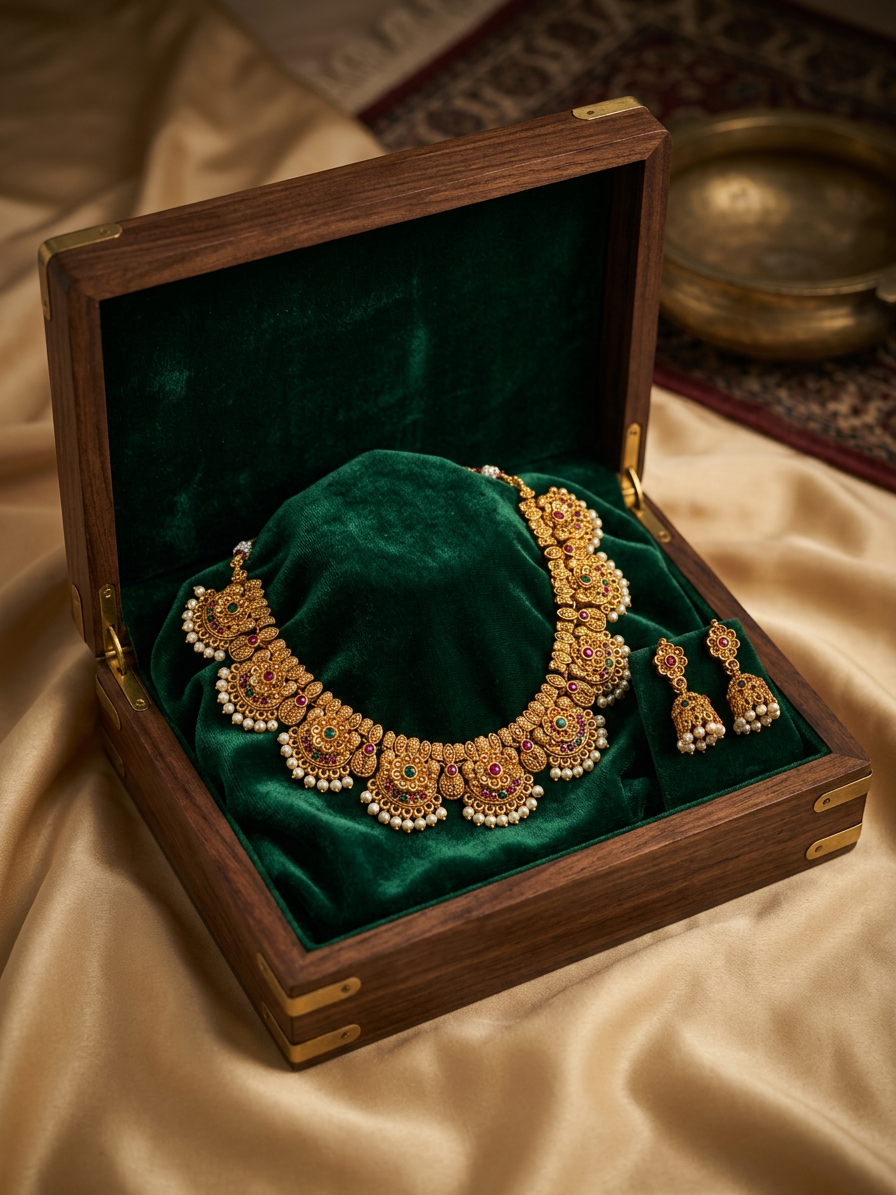 Antique Gold Ruby Emerald Choker & Jhumka Set