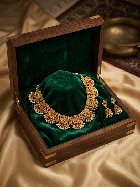 Antique Gold Ruby Emerald Choker & Jhumka Set