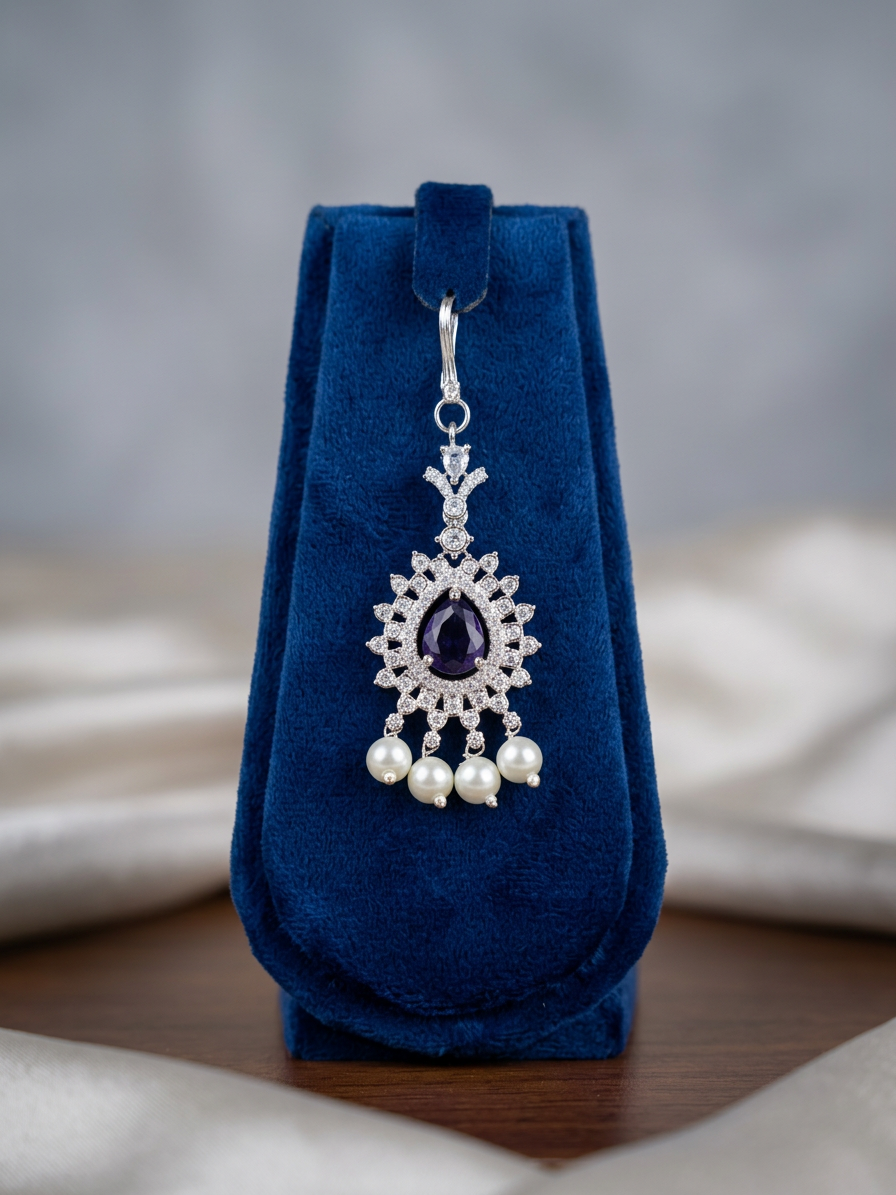 Silver Finish CZ & Teardrop Gemstone Maang Tikka