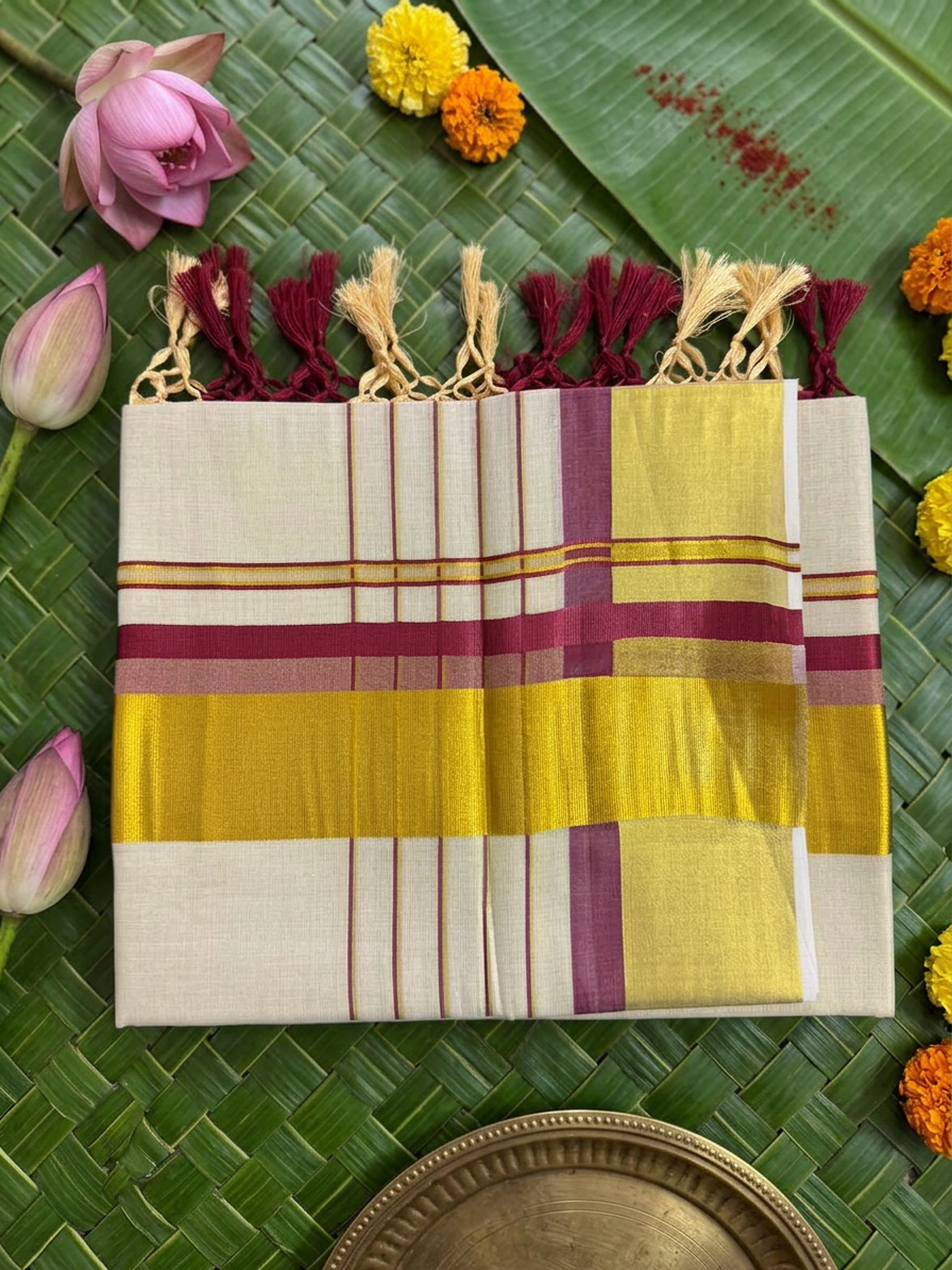 Nandini Ivory Tissue Saree with Maroon & Gold Zari Border & Macrame Tassels