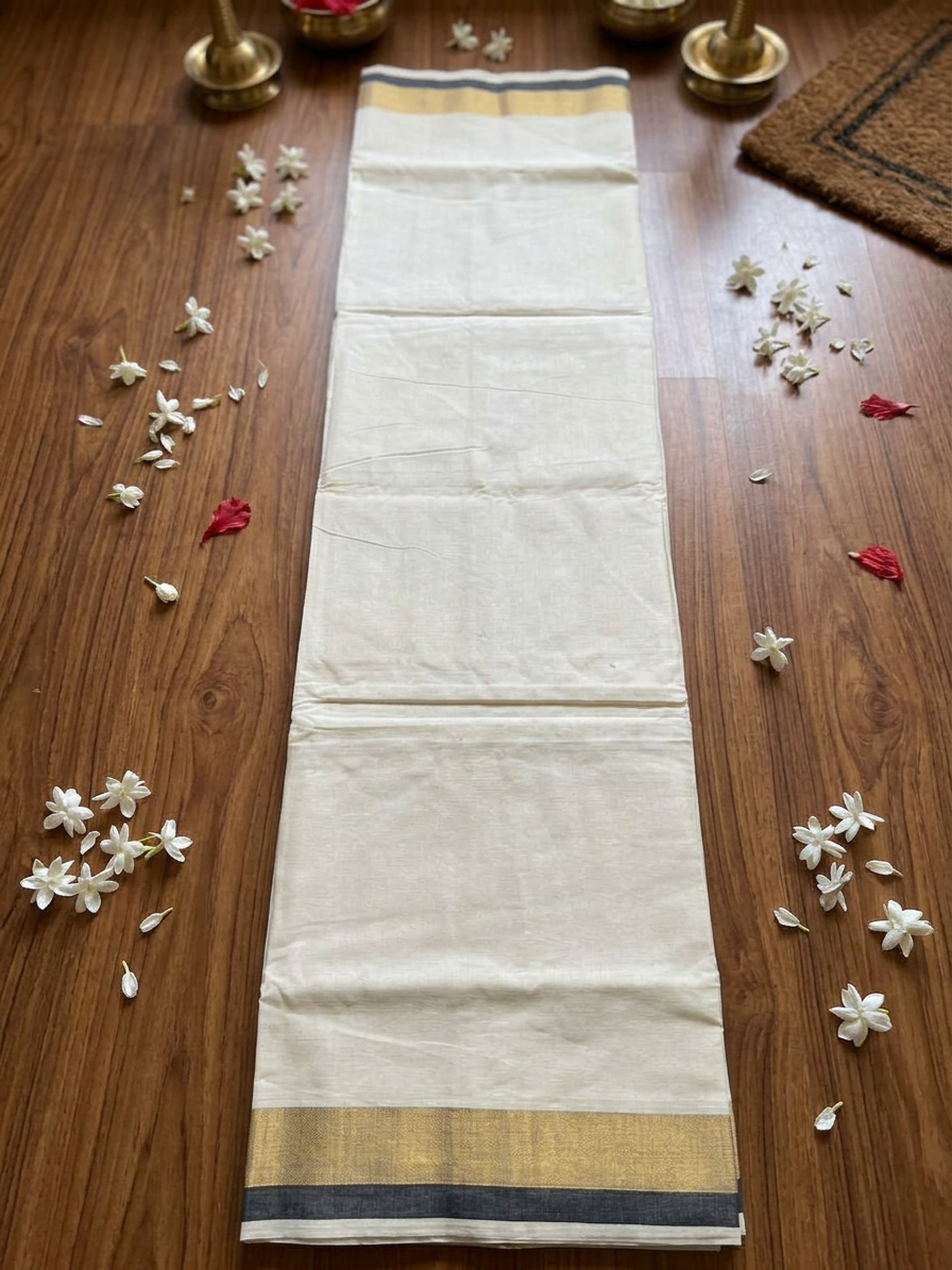 Off-White Handloom Cotton Saree with Resplendent Broad Gold Zari Border and Striking Midnight Black Edge Detailing