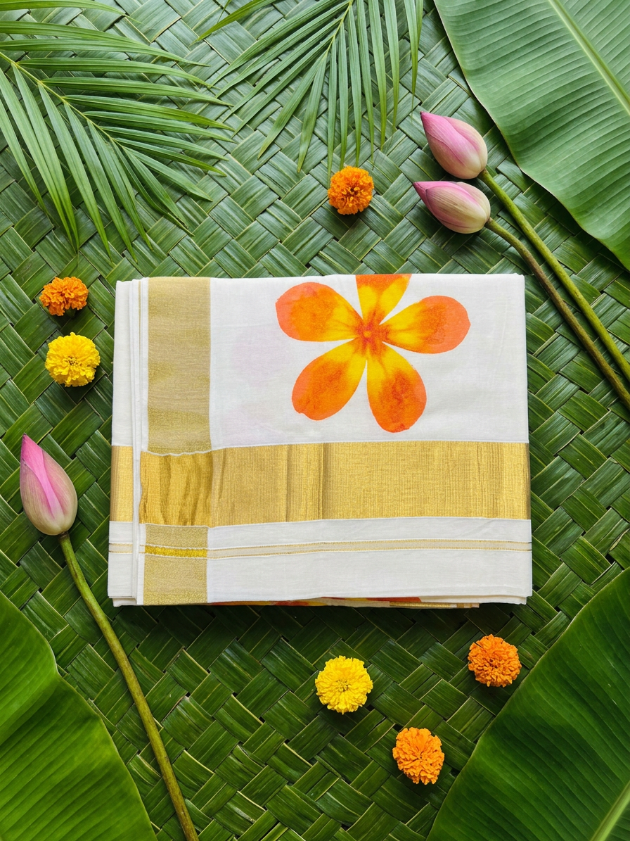 Surya Orange & Yellow Floral Painted Kasavu Cotton Saree