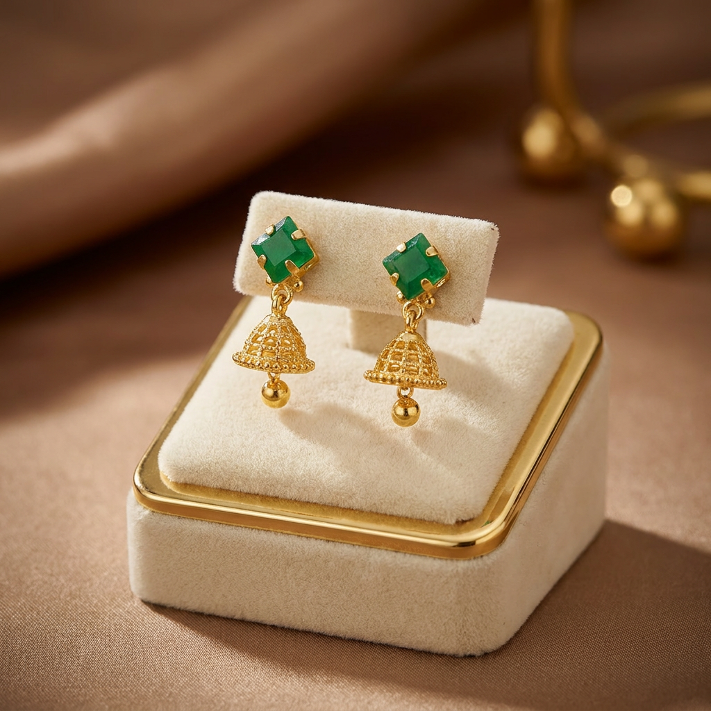 Emerald Elegance Filigree Gold Jhumkas For Kids