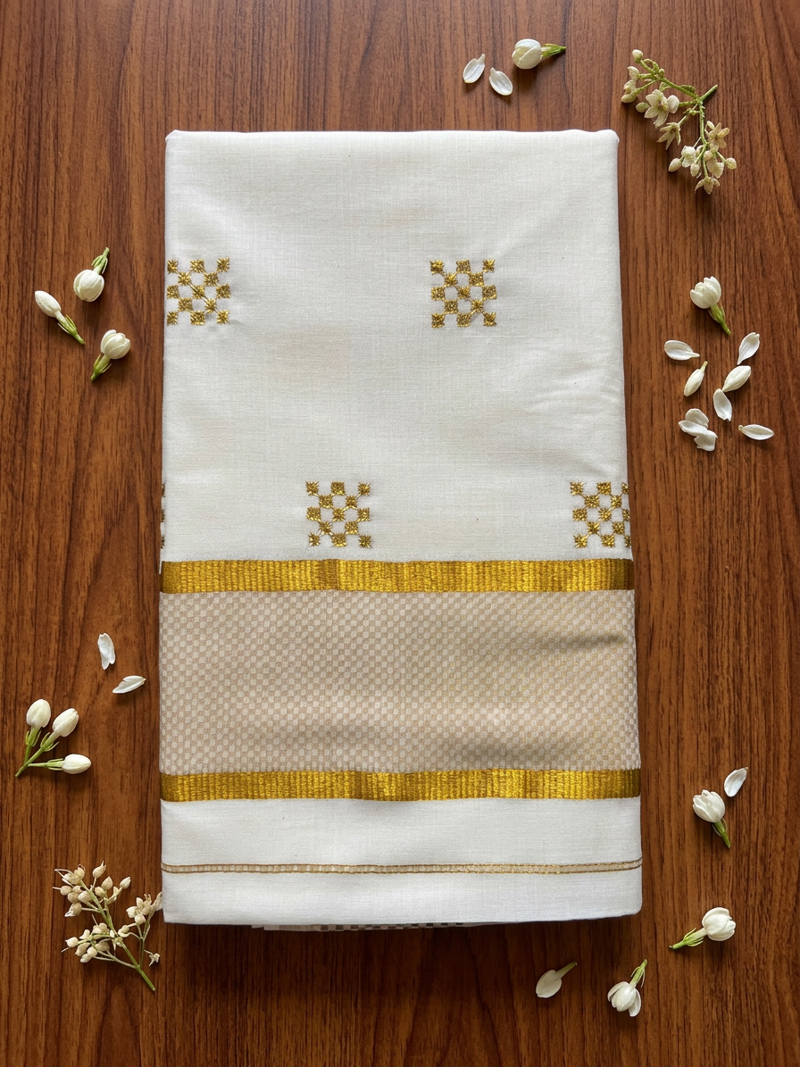 Off-White Cotton Saree with Elegant Gold Zari Butta Motifs and Traditional Kasavu Border
