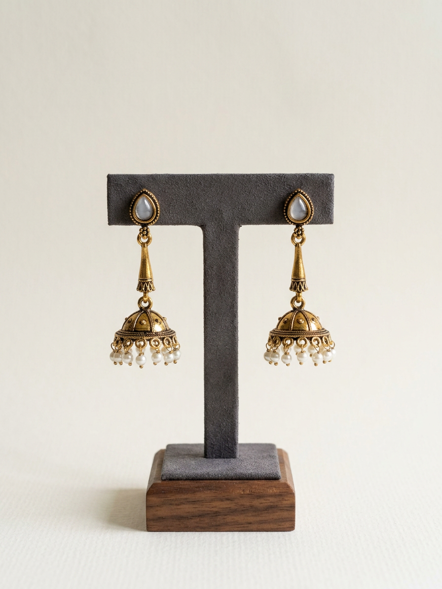 Teardrop Stone Antique Gold Pearl Jhumka Earrings