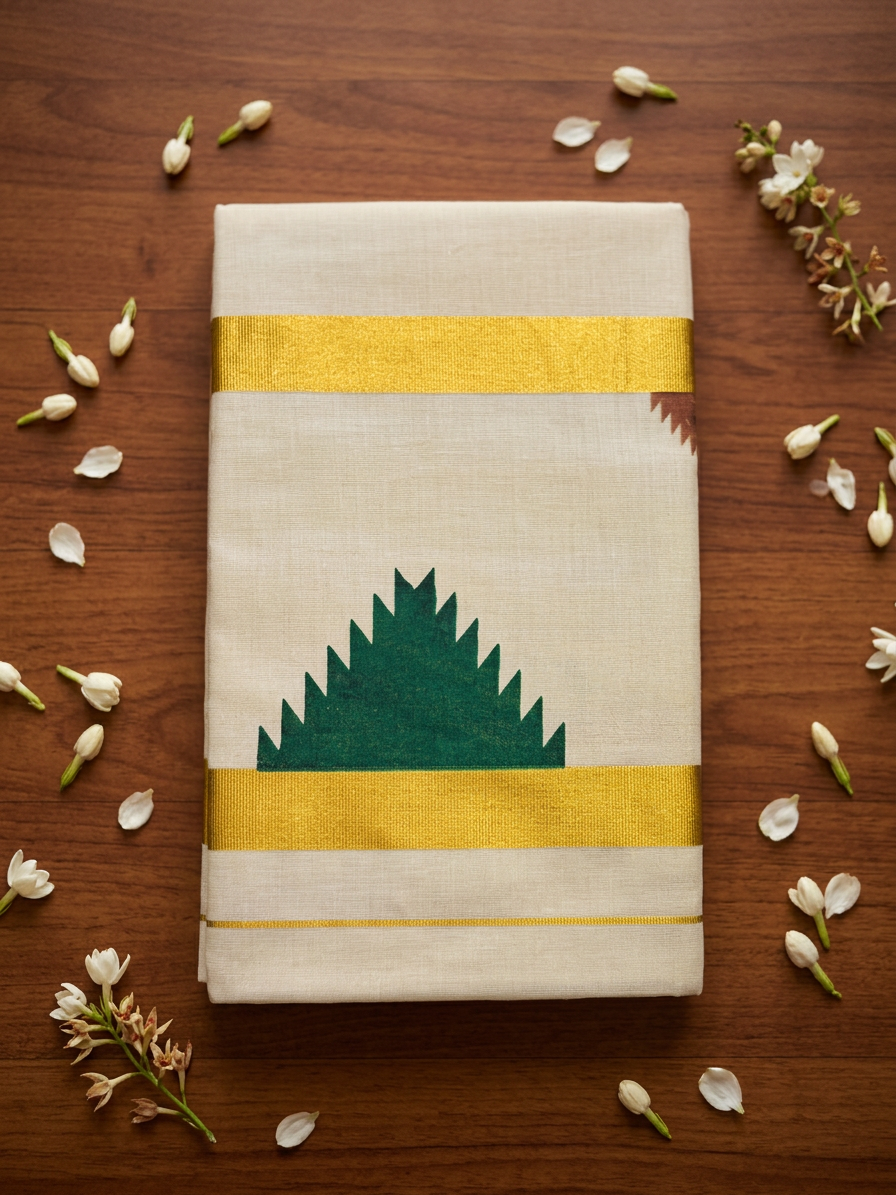 Off-White Tissue Saree with Lustrous Gold Zari Border and Striking Dual-Tone Green and Brown Geometric Temple Motifs