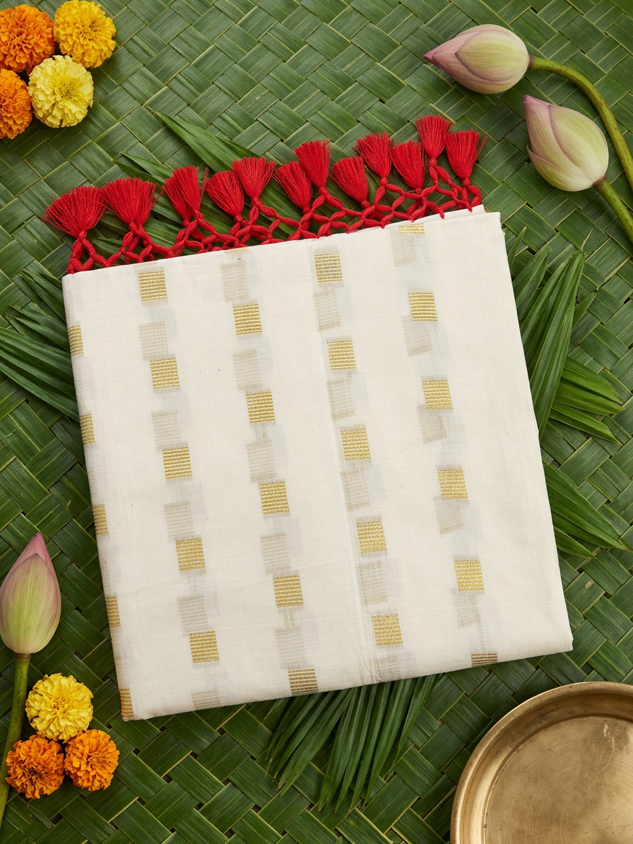 Aarohi Ivory  Cotton Saree with Zari Checks & Red Tassels