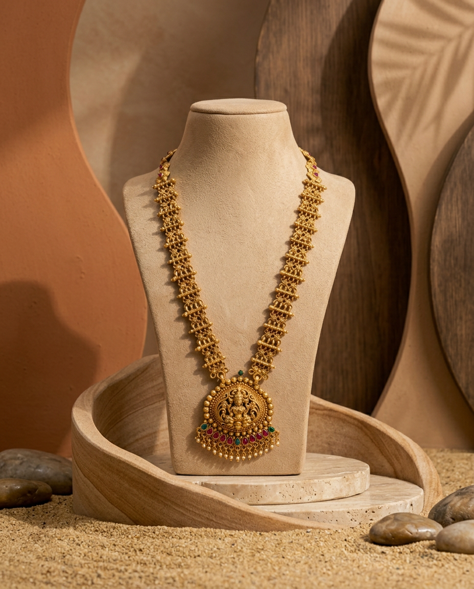 Antique Gold Goddess Lakshmi Long Haram Necklace