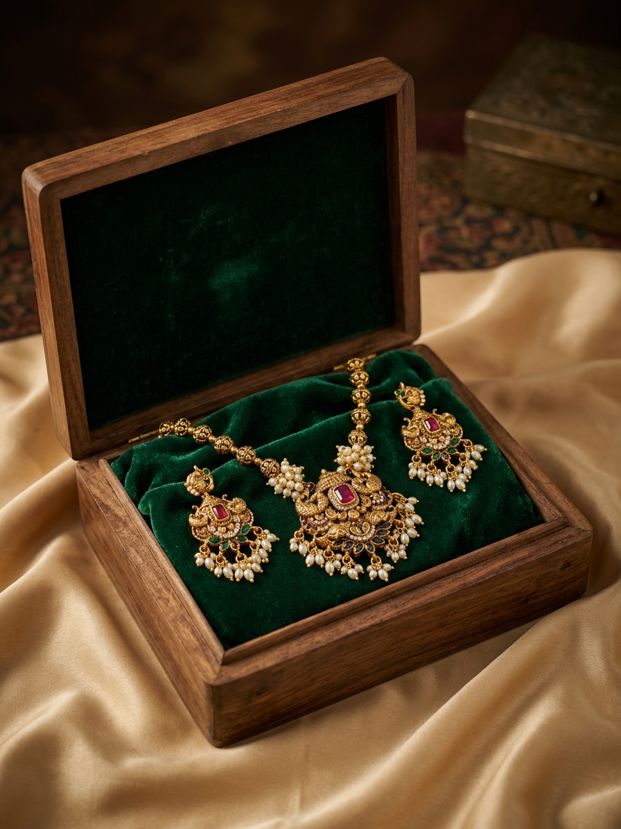 Antique Gold Ruby & Pearl Peacock Necklace Set