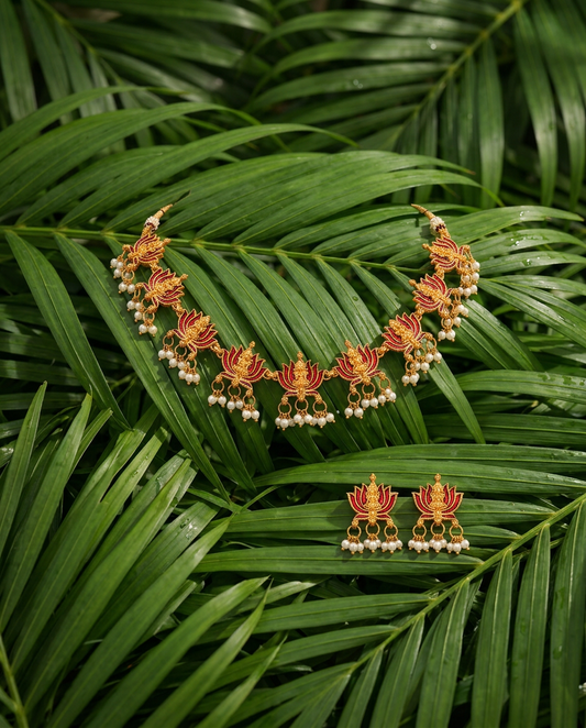 Traditional Gold Red Lotus Pearl Drop Necklace Set