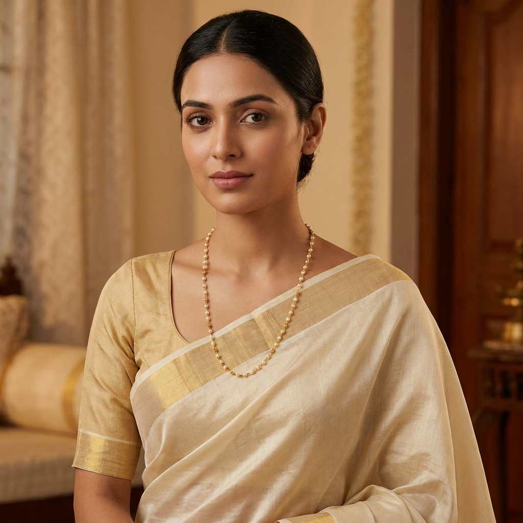 Traditional Gold-Plated Pearl & Textured Bead Long Chain